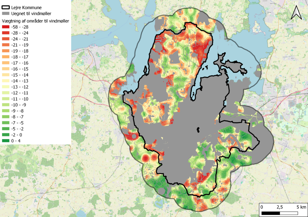 kort over Lejre Kommune med områder markeret efter deres potentiale for opsætning af vindmøller